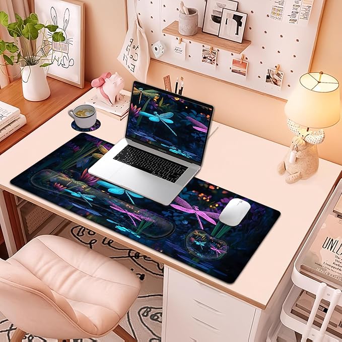 Large Mouse Pad + Keyboard Wrist Rest Set Extended Gaming Mousepad (31.5X11.8 inch) with Non-Slip Rubber Ergonomics Memory Foam Mouse Wrist Rest Support Dragonfly Colorful XXL Desk Pad