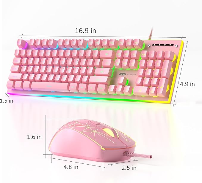 MageGee GT838 Gaming Keyboard and Mouse Combo 104 Keys RGB Backlit Quiet Wired Keyboards for Laptop PC MAC with Number Pad Metal Panel Anti-Ghosting Pink