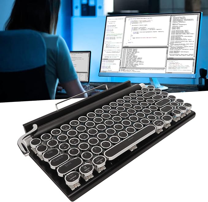 PUSOKEI Retro Typewriter Mechanical Gaming Keyboard - 83 Keys Bluetooth Punk RGB Backlit With Blue Switch Metal Round KeyCap for PC Laptop Phone (Black)