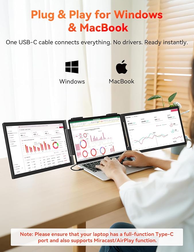 HotYeah Laptop Screen Extender One Cable Connection (Windows &amp Mac) 14 1080P Dual Portable Monitor USB-C HDMI Wireless Travel Extended Display Triple Screen Monitor for 12-16.5 Laptop