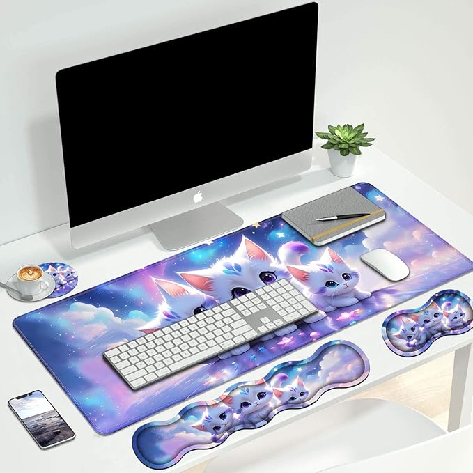 4 in 1 Ergonomic Keyboard Wrist Rest &amp Mouse Pad Wrist Rest Set Large XXL Gaming Desk Mat 31.5x 11.8 with Non-Slip Base Memory Foam for Home Office Study Gaming Cute Cat
