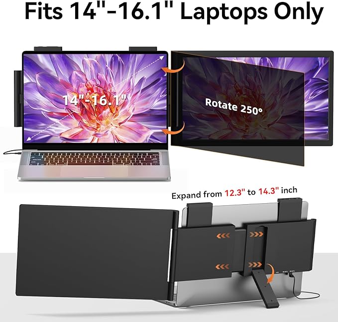 Laptop Screen Extender 14 1080P Portable Monitor Type-C HDMI Plug and Play for 13.3 - 16.1 Laptops 270° Rotation Attachment Display for Windows/MacOS/Chrome Laptop Phone