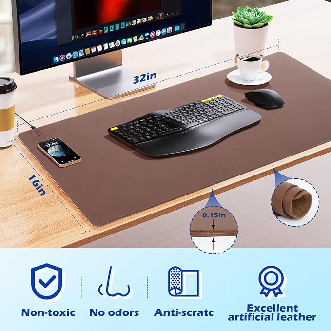Wireless Charging Desk Mat with Desk Pad for Desktop Charging Large Mouse Pad Waterproof Leather Computer Mat Mouse Pad Non-Slip Protector on Top of Desks for Keyboard and Mouse (brown-l 32*16inch)