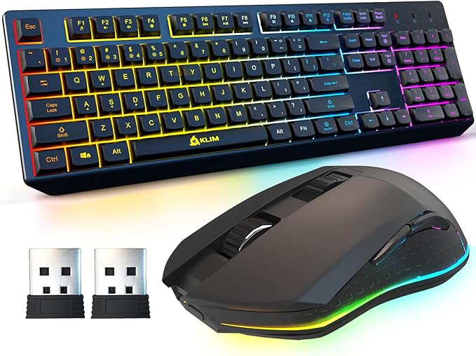 KLIM Chroma Wireless Keyboard and Mouse – RGB Backlit Gaming Combo Rechargeable Wireless Keyboard &amp RGB Mouse Durable &amp Ergonomic Dual USB Receivers Compatible with PC Mac PS4 PS5