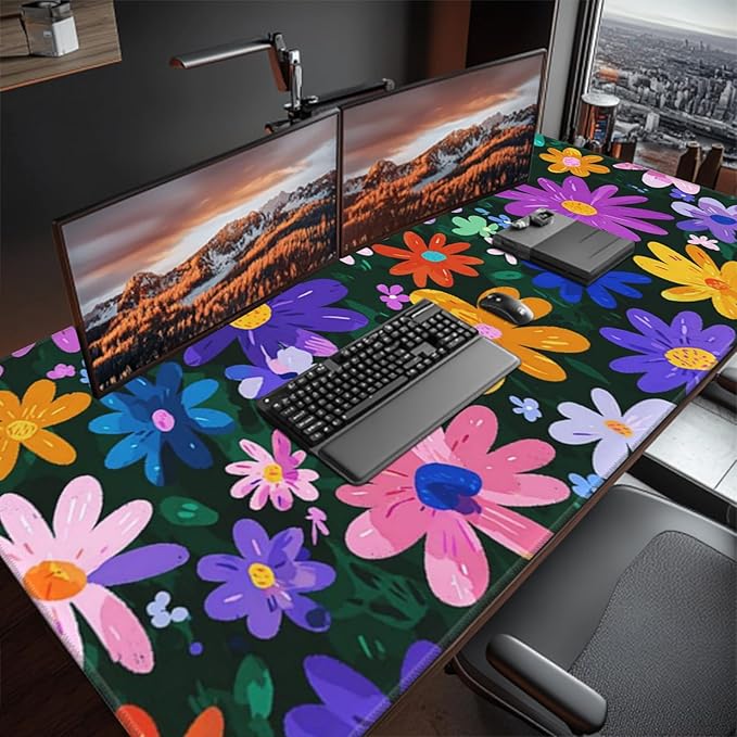 Colorful Flower Mouse Pad Extra Large Gaming Mouse Pads Waterproof Non-Slip Rubber Base Keyboard and Mouse Mat Floral Desk Pad for School Office Home 48 x 24