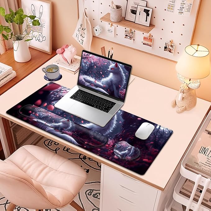 Large Mouse Pad + Keyboard Wrist Rest Set Extended Gaming Mousepad (31.5X11.8 inch) with Non-Slip Rubber Ergonomics Memory Foam Mouse Wrist Rest Support White Kitsune Cherry Blossoms Desk Pad