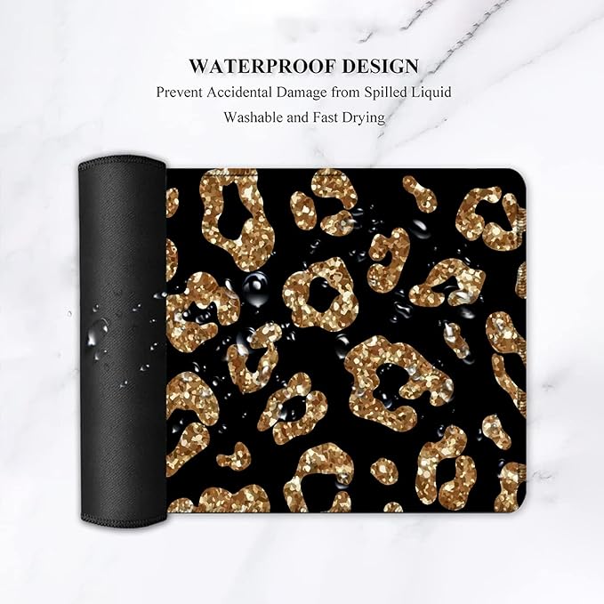 Gaming Mouse Pad and Keyboard Wrist Rest Large Extended Mouse Pad 31.5X 11.8Ergonomic Memory Foam Wrist Rest +Desk Mat Protectorfor Office/Home Writing Pad Gold Glitter Leopard Black Mousepad