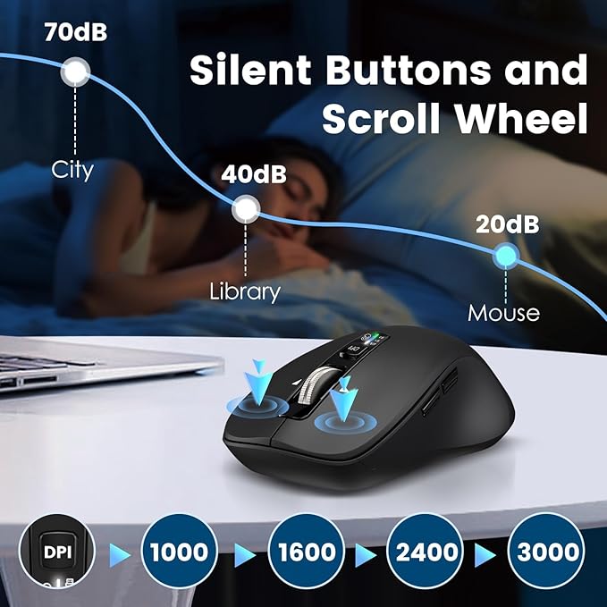 Wireless Bluetooth Mouse (USB + BT1 + BT2) Full Size 4-Way Scrolling Multi-Device Silent Mouse for Computer Laptop iPad MacBook (Black)