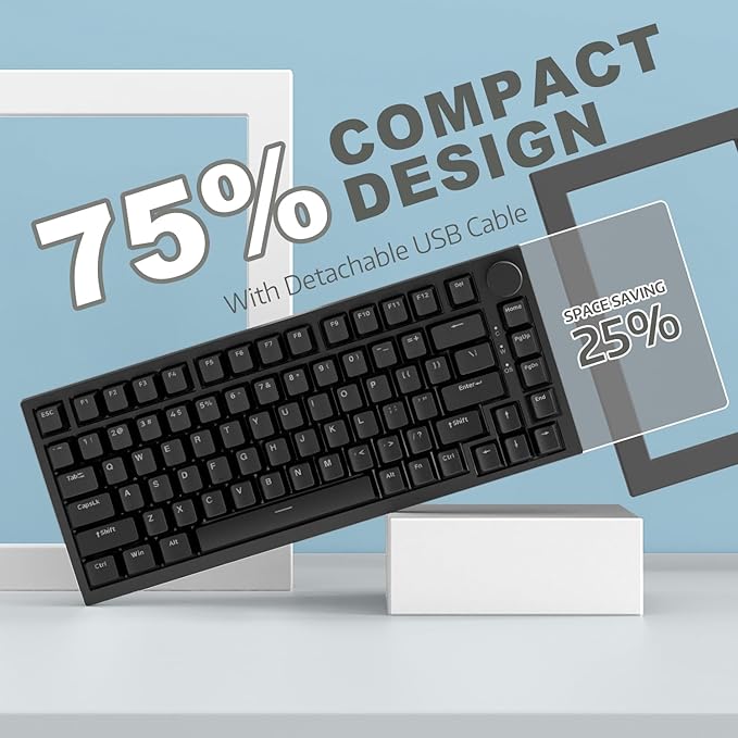ATTACK SHARK Ajazz AK820 Mechanical Keyboard with CNC Knob Control75% Gasket Mount Keyboard and Detachable USB Wired Gaming Keyboard for Win/MacWhite LightNKROBlue Clicky Switch(Black)