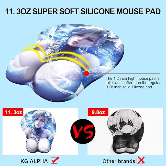 Cute Soft Sexy Cartoon 3D Big Breast Boobs Silicone Wrist Rest Support Mouse Pad Mat Gaming Mousepad 3D Mouse Pads with Wrist Support KG Alpha Frozen Elsa