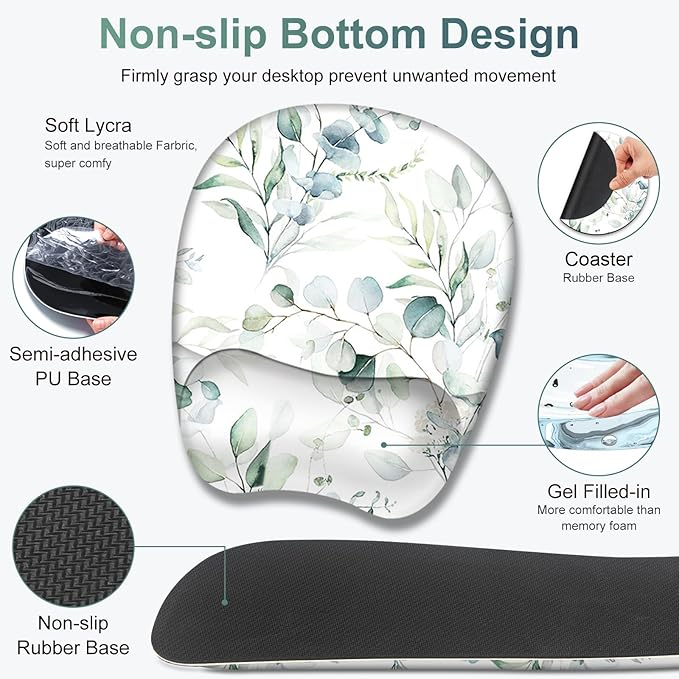 Large Mouse Pad with Wrist Support 4in1 Set XXL Big Game Mousepad +Keyboard Wrist Rest+Mouse Wrist Rest+Coaster with Ergonomic Design Gaming Mat for Home Office Computer I Eucalyptus Branches