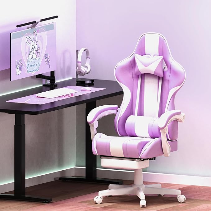 Ferghana Gaming Chairs Ergonomic Racing Style PC Game Computer Chair with Headrest Lumbar Support Adjustable Recliner PU Leather Video Computer Chair(Light Purple)