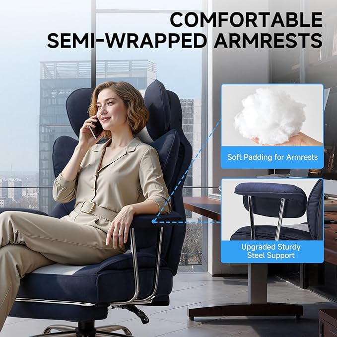 GTPLAYER Gaming ChairOffice Chair with Pocket Spring Lumbar Support Ergonomic Comfortable Wide Office Desk Computer Chair with Outward Fixed Soft Armrests and Footrest (Fabric Dark Blue &amp White