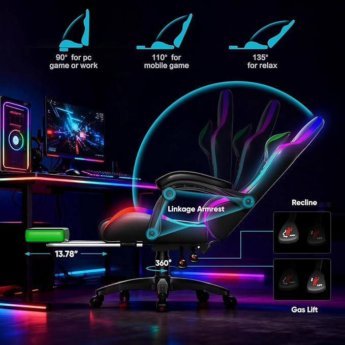 Gaming Chair Racing Style RGB LED Lights Gaming Chairs for Adults and Kids Lumbar Massager Gamer Chair High Back Reclining Computer Chair with Footrest and Headrest (Black/Green)