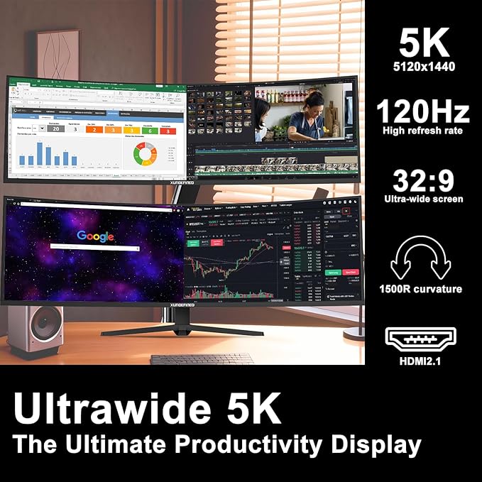49 inch Curved Ultrawide Monitor with Remote 120Hz WDQHD(5120 x 1440p) 5K Gaming Monitor R1500 HDR 3000:1 Contrast sRGB 125% USB-C FreeSync PIP/PBP Built-in Speaker HDMI 2.1 &amp DP 1.4