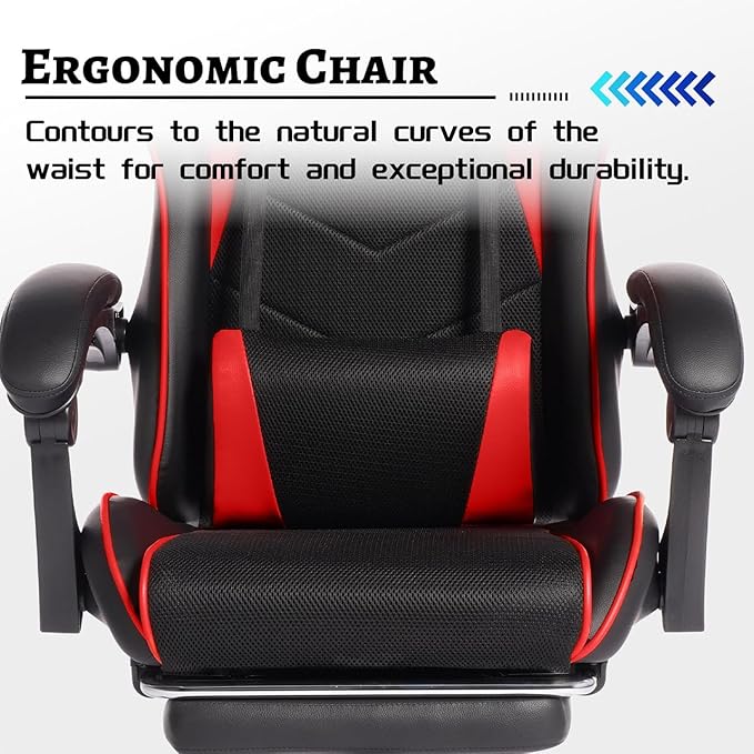 Red Gaming Chairs with Adjustable Support &amp Footrest Ergonomic Computer Chair for Adults Breathable Leather Video Game Chairs (Red+Black)