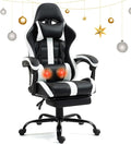 Massage Gaming Chair with Footrest Ergonomic PU Leather Computer Chair w/Headrest and Lumbar Height Adjustable 360° Swivel Desk Office Chair White