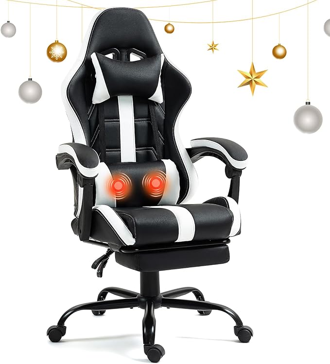 Massage Gaming Chair with Footrest Ergonomic PU Leather Computer Chair w/Headrest and Lumbar Height Adjustable 360° Swivel Desk Office Chair White