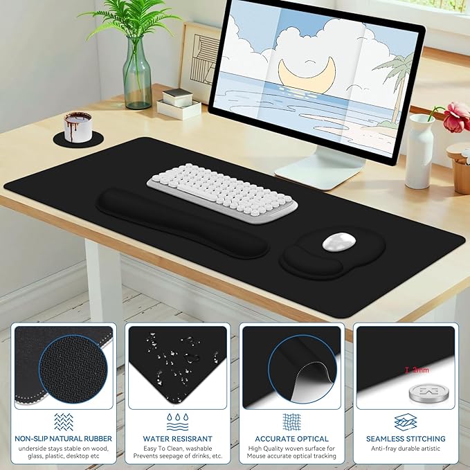 Mouse Pad Desk Pad Protector Keyboard Wrist Rest + Mousepad Wrist Rest +Coaster Large Gaming Mouse Pad for Computer Keyboard Desks Laptop XXL Desk Mat Writing Pad for Office and Home Cool Black