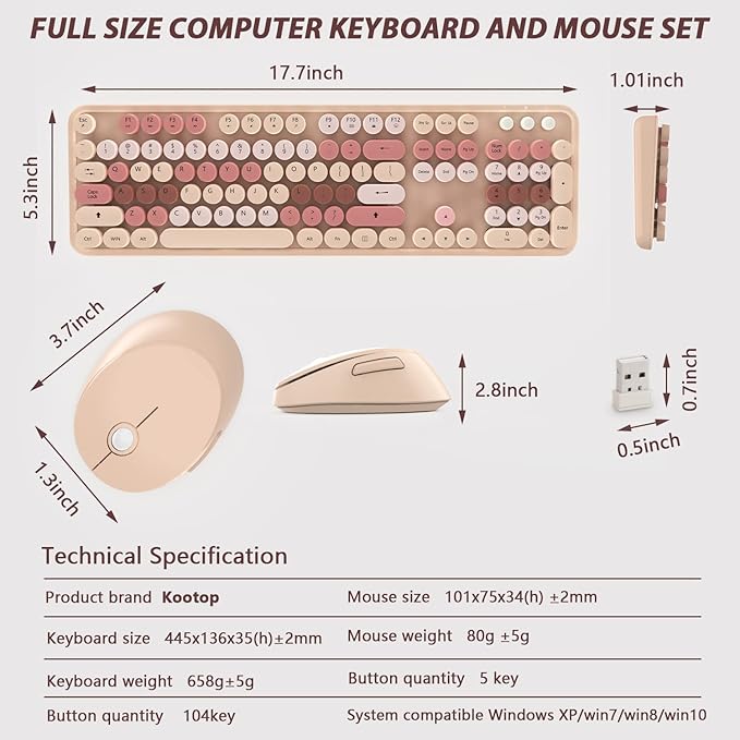 Colorful Wireless Keyboard and Mouse Combo - 104 Key Wireless Keyboard with Number Pad for Windows PC Notebook Laptop (Chocolate)