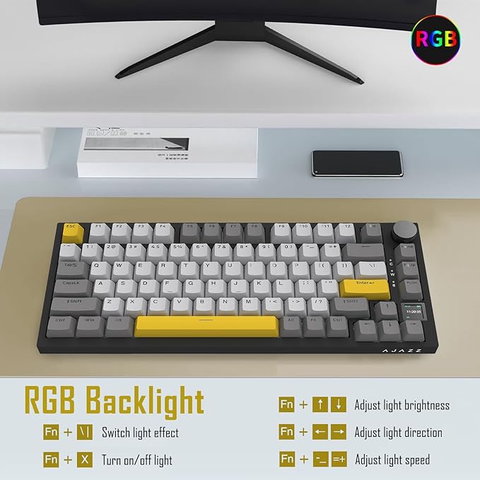 AJAZZ AK820 Pro 75% Gasket RGB Wireless Mechanical Keyboard with TFT Screen Volume knob Bluetooth/2.4G/Wired 3-Modes Compact 82 Hot-Swap Keys Tricolor PBT Keycap 4000 mAh (Gray&ampYellow 3-Modes