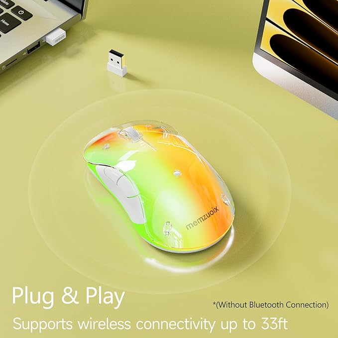 memzuoix 2.4G Wireless Mouse with Customizable Cover &amp 9-Color LED - Rechargeable Ergonomic 1400 DPI 5 Buttons USB Receiver for PC/Mac - Yellow