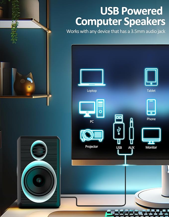 2.0 Computer Speakers PC Speakers 3.5mm Aux Input USB-Powered Small PC Speakers with Deep Bass Suitable for Desktop Computers/Laptops Built in 4 Speaker Diaphragms