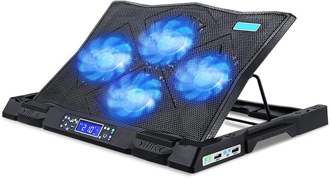 4 Fan Cooling Pad for 12 to 19-inch Gaming Laptop USB Powered Quiet Cooler Fan Portable Stand with Dual 2.0 USB Ports Blue LED Lights