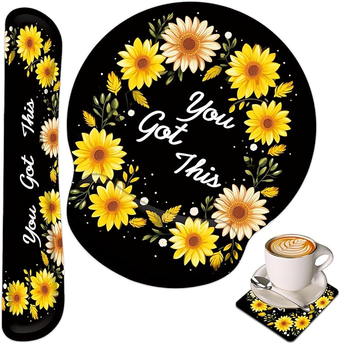 Keyboard Wrist Rest and Mouse Wrist Rest Pad with Cup CoasterMade of Memory FoamErgonomic SupportEasy-Typing and Pain Relieffor Gaming Office Home ComputerYou Got This Sunflower