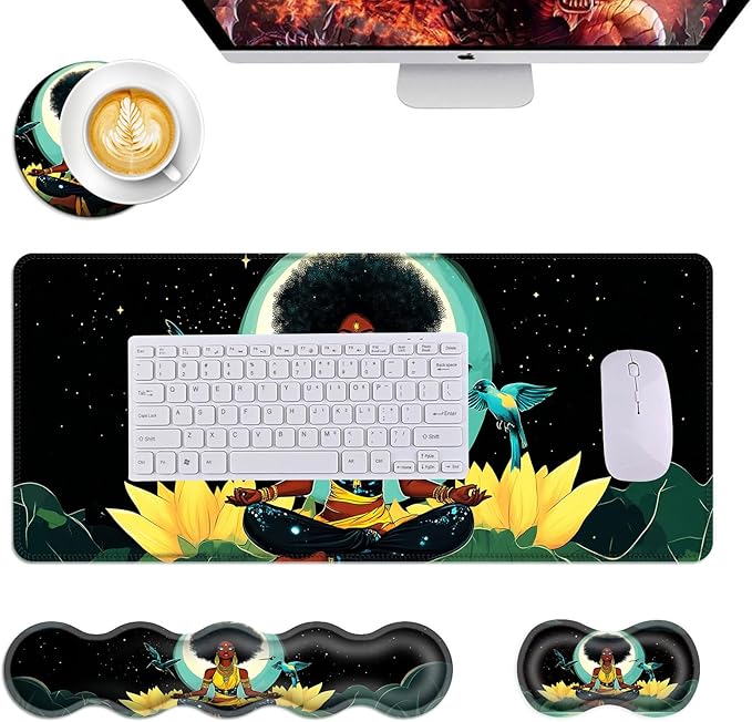 Mouse PadLarge Desk Mat Set 4in1 XL Mousepad + Keyboard Wrist Rest+Mouse Wrist Rest+Coaster with Ergonomic Desk Pad for Home Office Table Computer Cover -Woman on Lotus