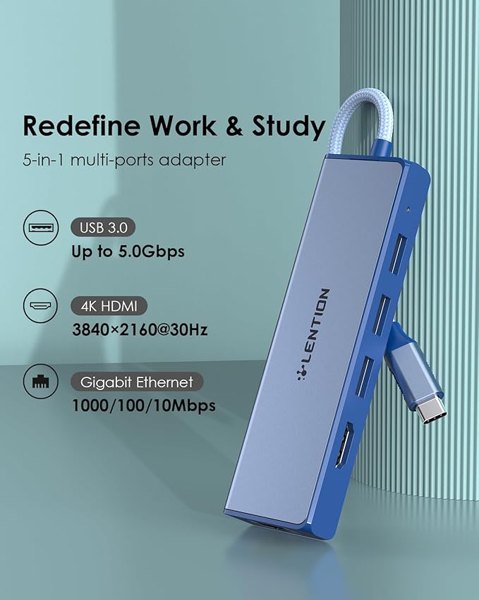LENTION USB C Hub with 1000M Gigabit Ethernet Adapter 4K HDMI Display 3xUSB-A 3.0 Ports for MacBook Pro/Air/Neo Dell Lenovo HP Laptops and More Stable Driver Certified (C25 Blue)