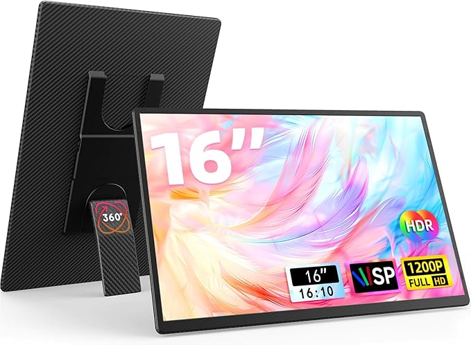 16 Portable Monitor for Laptop - 1200P FHD Horizontal Vertical with Detachable Kickstand Built-in Speakers Plug &amp Play Travel External Screen for Wins Mac Chrome