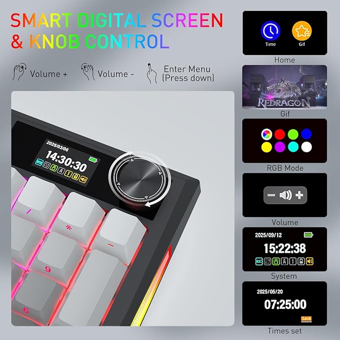 Redragon Wireless Mechanical Keyboard Gasket RGB Gaming Keyboard with Screen &amp Knob Tri-Mode BT5.0/2.4G/USB-C 95 Keys Hot Swappable Side Printed PBT Keycaps Thick Pre-Lubed Linear Switch K72