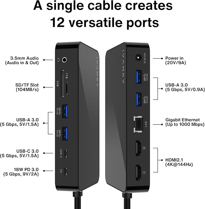 iVANKY 12-in-2 FusionDock 1 for M5 MacBook Dual 4K@144Hz Monitor (Docking Station for M5/M4 Base M3/M2/M1 Pro/Max Mac)(150W Power Adapter SD/TF USB RJ45 3.5mm Audio) Plug and Play 5Gbps Dock Hub