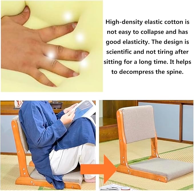 BTZHY Floor Chair Japanese Legless Chair Seat with Back Support FoldableWood Folding Floor ChairHome Bay Window Lazy Backrest Chair Meditation Floor Seating for Living Room(A)