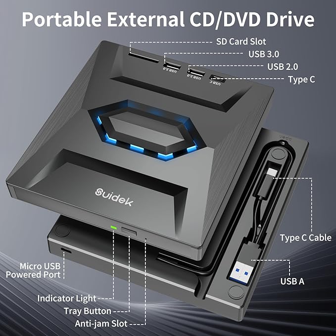External CD DVD Drive for Laptop USB C Portable CD/DVD +/-RW Burner DVD Player with SD Card Reader USB 3.0 Type C Hub Compatible with Laptop PC Windows Linux