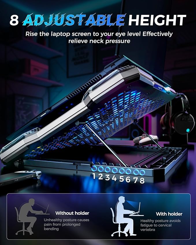 ChillCore Laptop Cooling Pad RGB Laptop Fan Cooling Pad 9 Fans for 15.6-19.3 Inch Laptops Gaming Laptop Cooler with 8 Height Stands 2 USB Ports - A21 Pattern