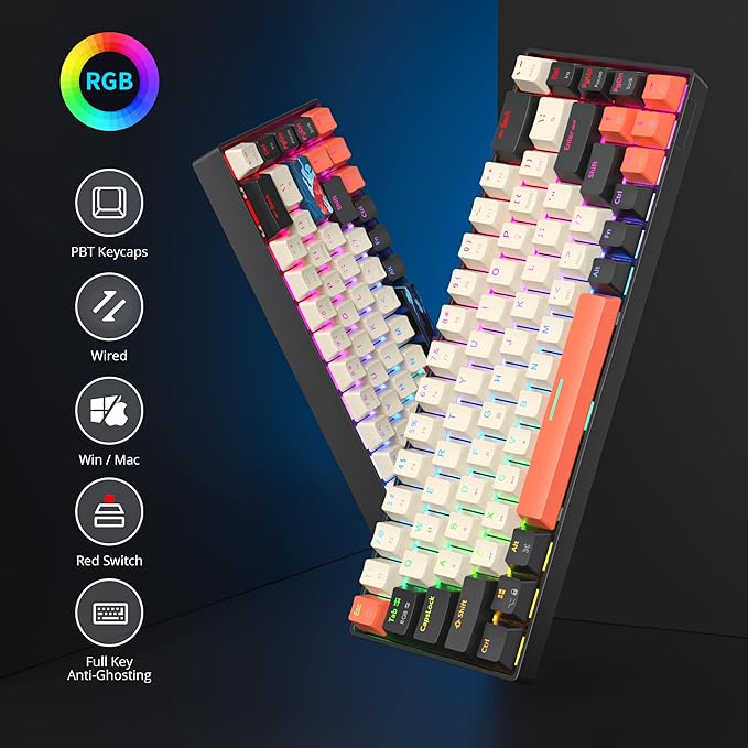 Fogruaden RGB Wired 60% Percent Keyboard Mechanical 68 Keys Gaming Keyboard 60 Percent with Red Switch Small Compact Mechanical Keyboard for Win/Mac Laptop PC Gamer (Carbon/68)