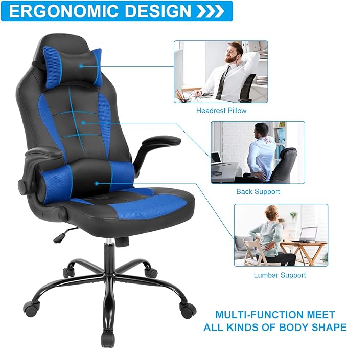 Meet perfect Gaming Chair Ergonomic Office Chair Desk Chair Leather Computer Chair Lumbar Support and Head Pillow Modern Executive Chair Adjustable Rolling Swivel Task Chair Home Office Chair Blue