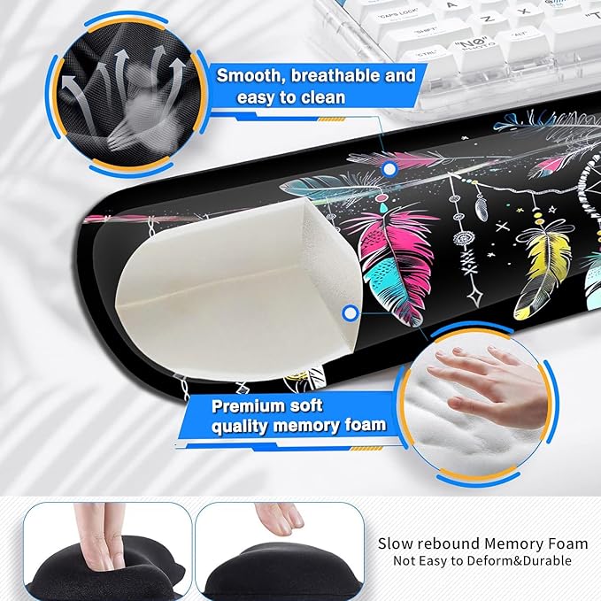 Large Gaming Mouse Pad+ Keyboard Wrist Rest Set Ergonomics Memory Foam Mouse Mat Wrist Rest Support for Home Office Waterproof Extended Mousepad 31.5x11.8in Dream Catcher Black Desk Pad