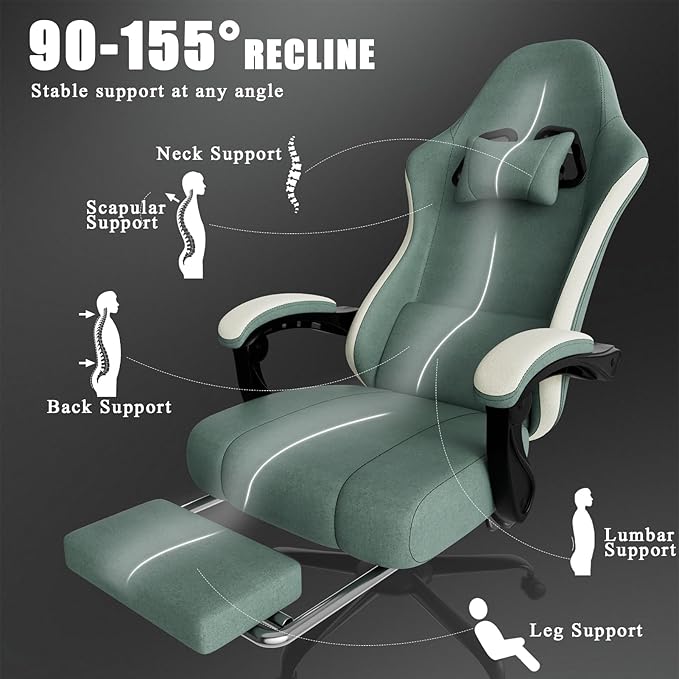 Gaming Chair High Back Fabric Computer Chair with Pocketed Spring Cushion and Footrest Height Adjustable Game Chair with Headrest and Lumbar Support