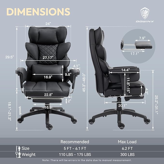 Dowinx Big and Tall Office Chair with Pocket Spring CushionHigh Back Computer Gaming Chairs with Adjustable ArmrestsExecutive Desk Chairs with Lumbar Support and FootrestPU Leather-Black