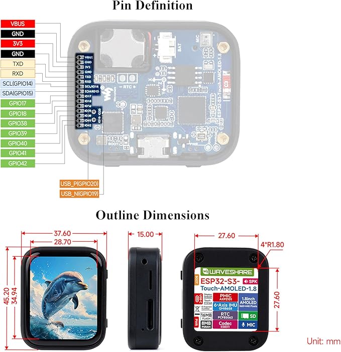 ESP32-S3 1.8inch AMOLED Touch Display Development Board 32-bit LX7 Dual-Core Processor 368×448 Pixels Onboard Audio Codec Support Offline Speech Recognition and AI Speech Interaction