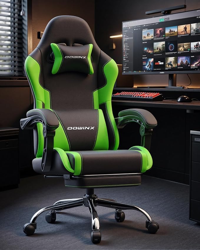 Dowinx Ergonomic Gaming Chair with Footrest &amp Massage Lumbar 2D-Linkage Armrests for Computer Chair 330lbs with Headrest Pillow for Office Home Streaming and Long Gaming Sessions Green