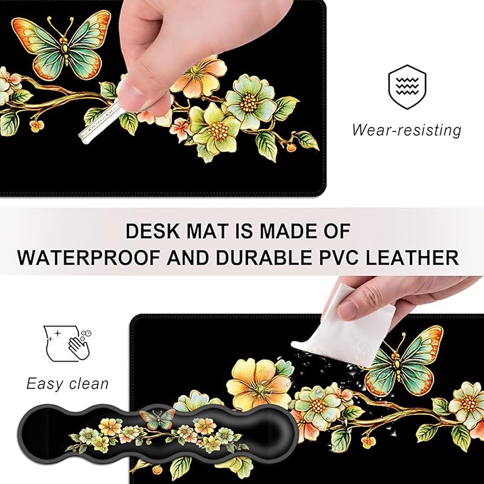 Mouse PadLarge Desk Mat Set 4in1 XL Mousepad + Keyboard Wrist Rest+Mouse Wrist Rest+Coaster with Ergonomic Desk Pad for Home Office Table Computer Cover -Vintage Floral Butterfly