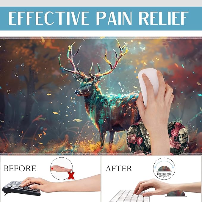 3-in-1 Large Mouse Pad Gaming Set (31.5 x 11.8 inch)+ Wrist Rest Pad + Coaster Memory Foam Gel Wrist Rest Pad for Pain Relief Stitched Edges Non-Slip Table Mat Painted Deer