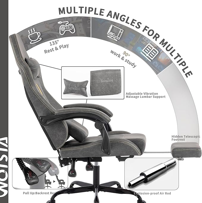 Gaming Chair with Footrest Ergonomic Computer Chair Massage Lumbar Cushion Racing Video Game Chair Adjustable Rocker Recliner Executive Office Desk Chair Pu Leather for Adults