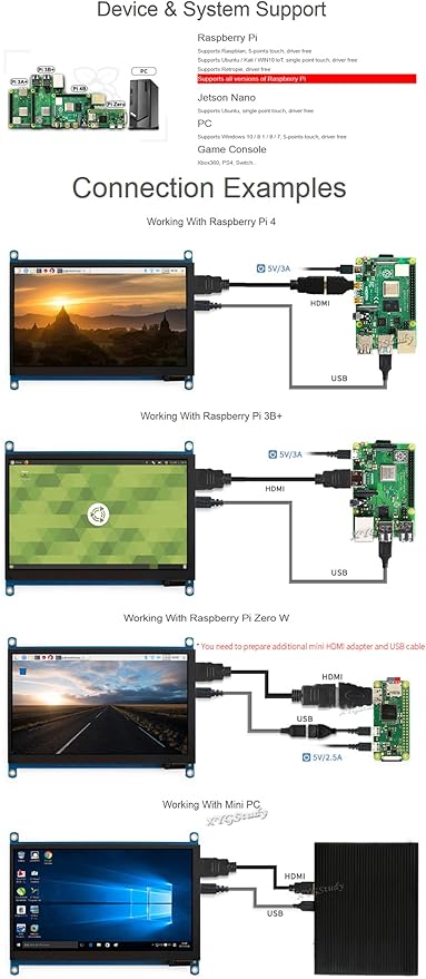 7inch Capacitive Touch Screen LCD for Raspberry Pi 5 4 3/Jetson Nano/PC Windows/Game Console 1024×600 Resolution HDMI IPS for Windows 11/10 / 8.1/8 / 7 (7inch HDMI LCD (H))
