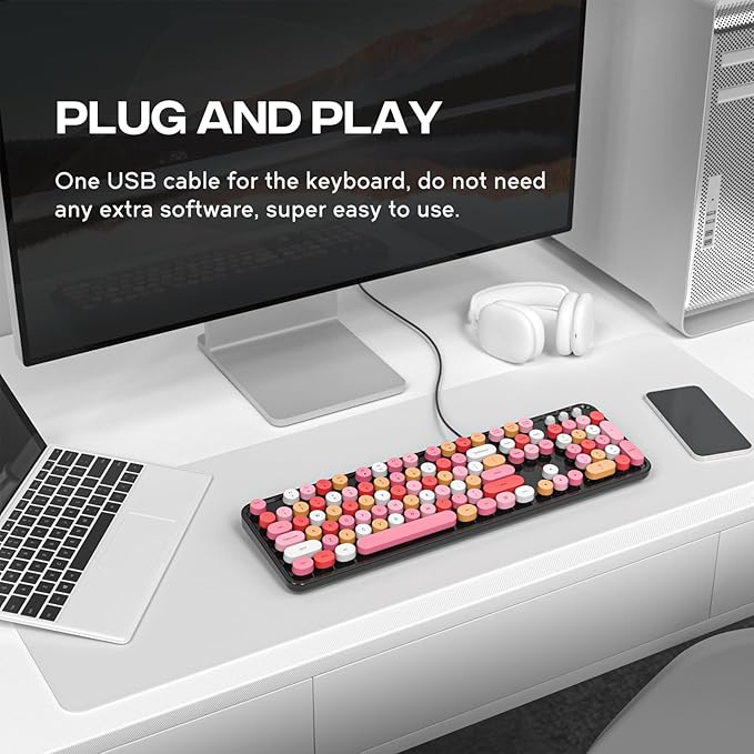 Computer Keyboard Wired Plug and Play USB Retro Round Typewriter Keyboard Full Size Wired Keyboard with Foldable Stands for Laptop and Office PC- Black Colorful