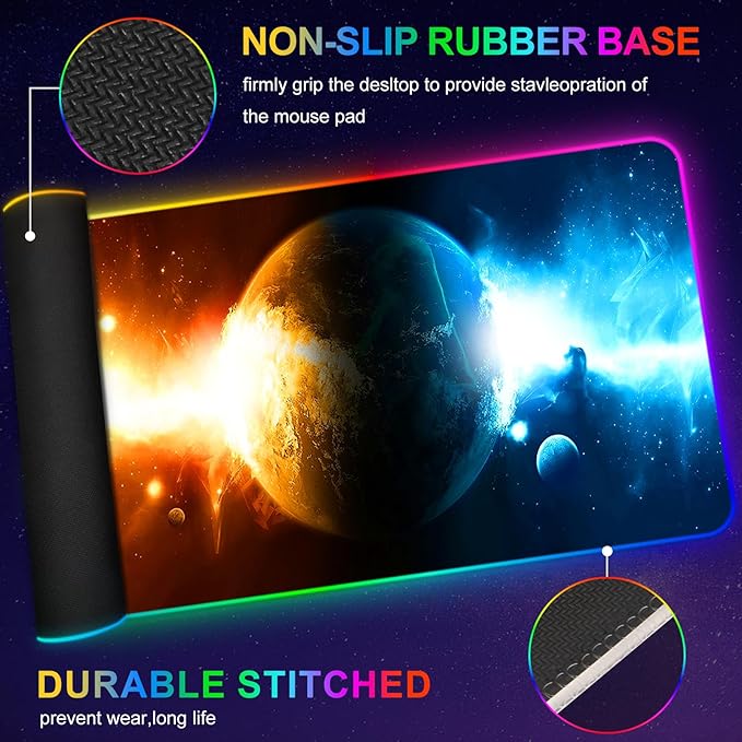 ARTSO RGB Gaming Mouse Pad Large Extended LED Mouse Mat XXL 35.4x15.7 inch 14 Lighting Modes 2 Brightness Non-Slip Rubber Base Mousepad Waterproof Keyboard MatUniverse Space Starry Sky